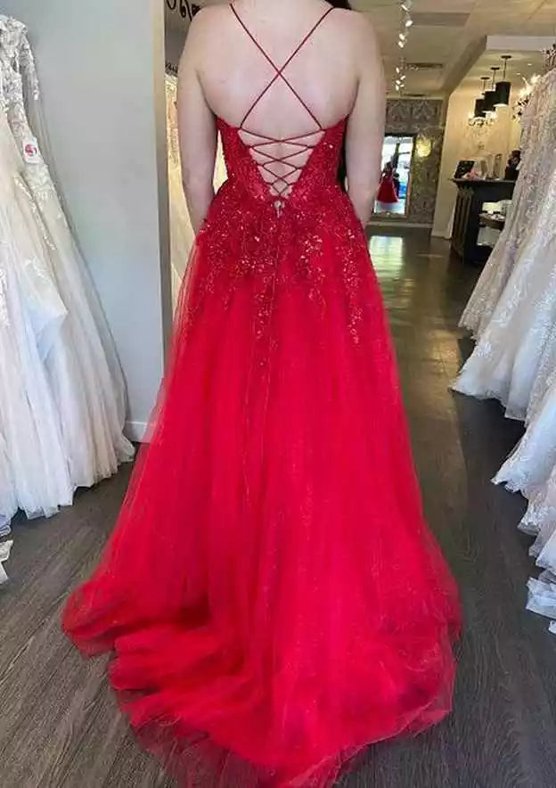 Crimson Sequin Tulle Crisscross-Back Ball Gown – Glittering & Daring Evening Party Dress