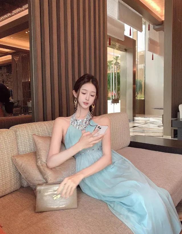 Crystal Embellished Neckline & Waist Chiffon Evening Gown