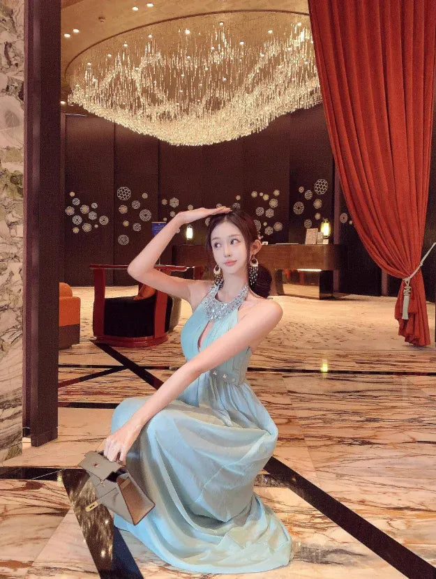 Crystal Embellished Neckline & Waist Chiffon Evening Gown