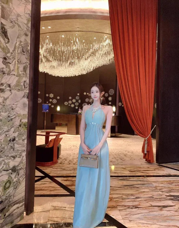Crystal Embellished Neckline & Waist Chiffon Evening Gown