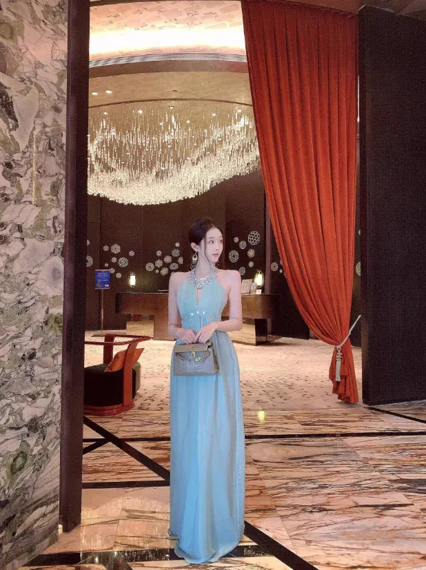 Crystal Embellished Neckline & Waist Chiffon Evening Gown