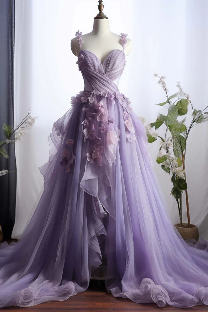 Cute Tulle Lilac Prom Dress with Flowers