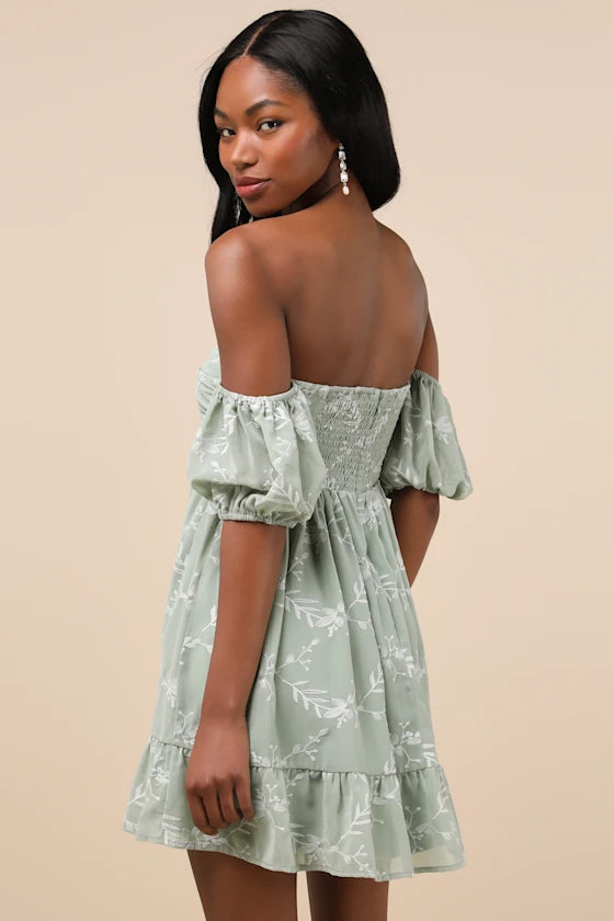 Cutest Embroidered Off-the-Shoulder Mini Dress Homecoming Dress