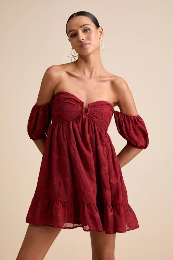 Cutest Embroidered Off-the-Shoulder Mini Dress Homecoming Dress
