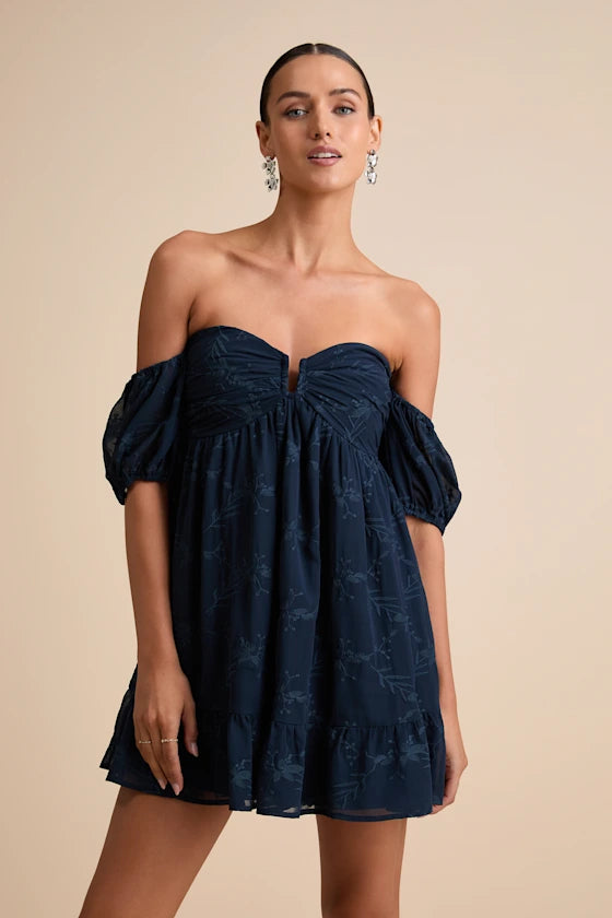 Cutest Embroidered Off-the-Shoulder Mini Dress Homecoming Dress