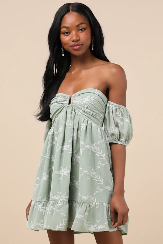 Cutest Embroidered Off-the-Shoulder Mini Dress Homecoming Dress