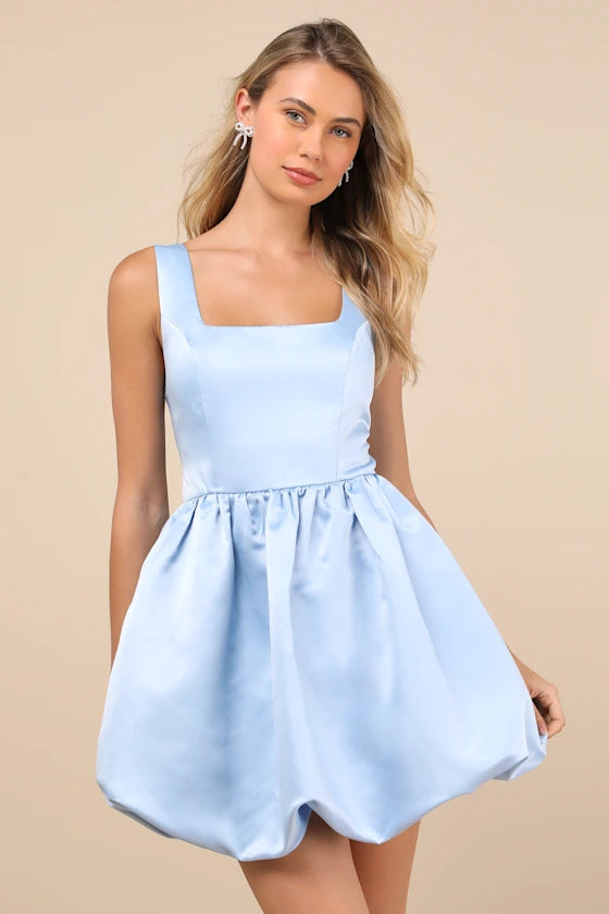 Cutie Satin Square Neck Bubble-Hem Mini Dress Homecoming Dresses