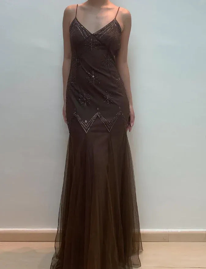 Dark Brown Spaghetti Strap V-Neck Beaded Lace Tulle Mermaid Maxi Gown with Train