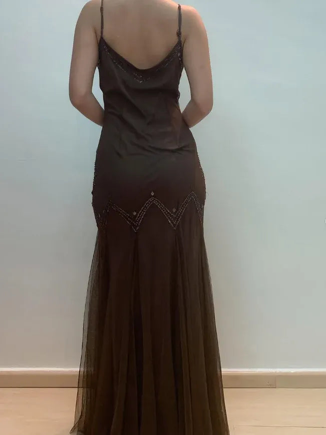 Dark Brown Spaghetti Strap V-Neck Beaded Lace Tulle Mermaid Maxi Gown with Train