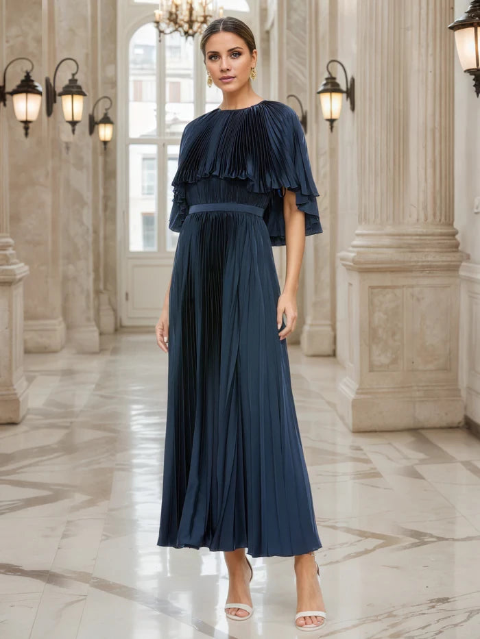 Dark Navy  A-Line Pleated Cape Maxi  Mother of the Bride Dresses
