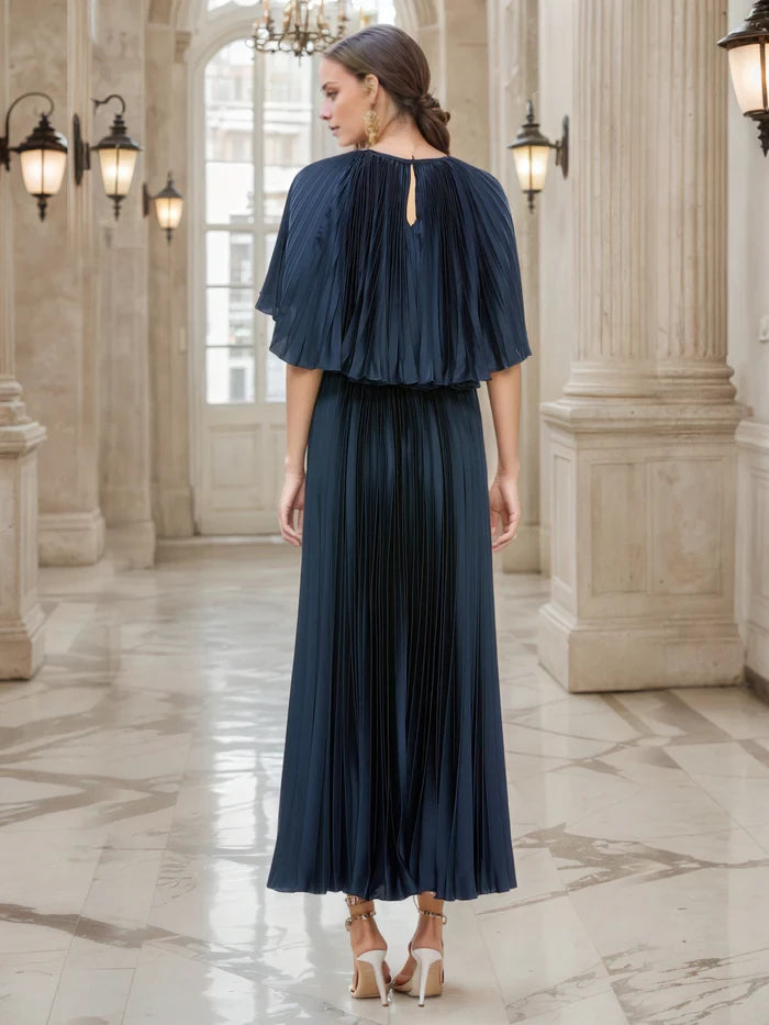 Dark Navy  A-Line Pleated Cape Maxi  Mother of the Bride Dresses