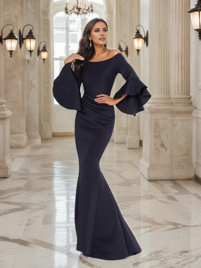 Dark Navy Mermaid Off the Shoulder Bell Sleeves Mother of the Bride Dresses