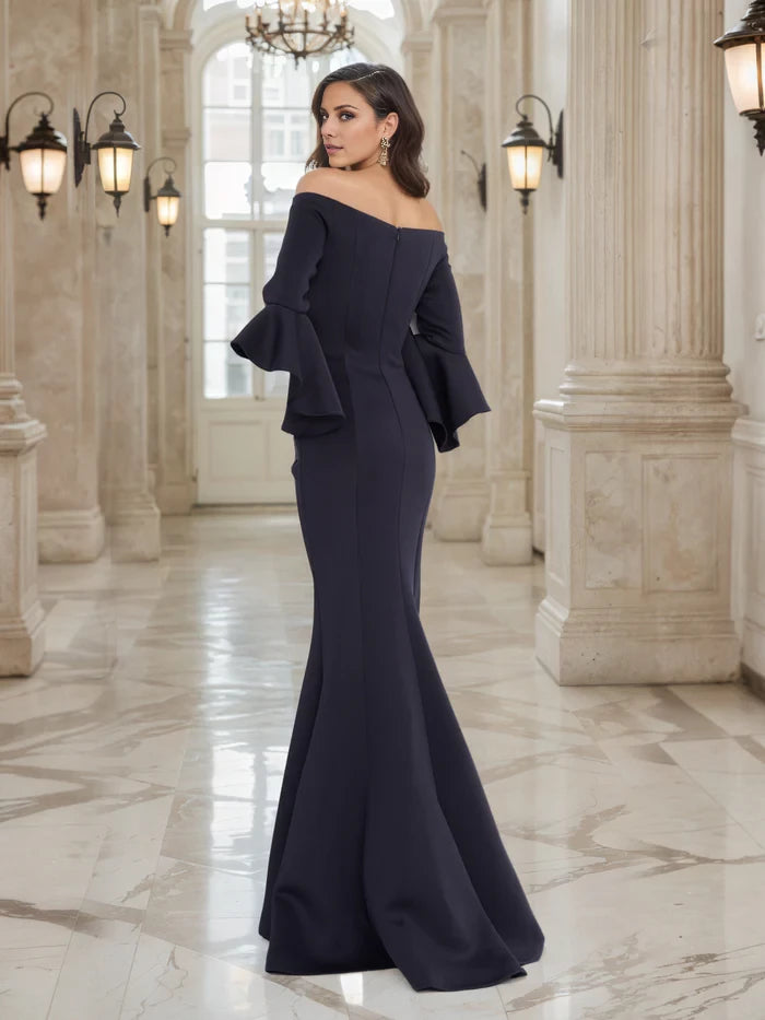 Dark Navy Mermaid Off the Shoulder Bell Sleeves Mother of the Bride Dresses