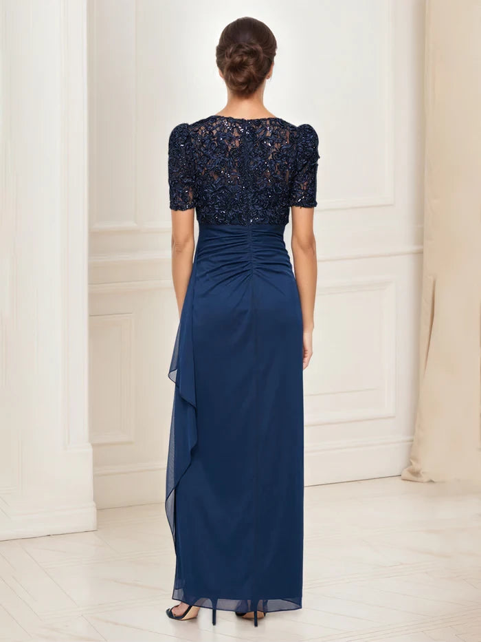 Dark Navy Mother Of Bride Dress V-Neck Short Sleeves Lace Top Empire Waist Mother of the Bride Dresses