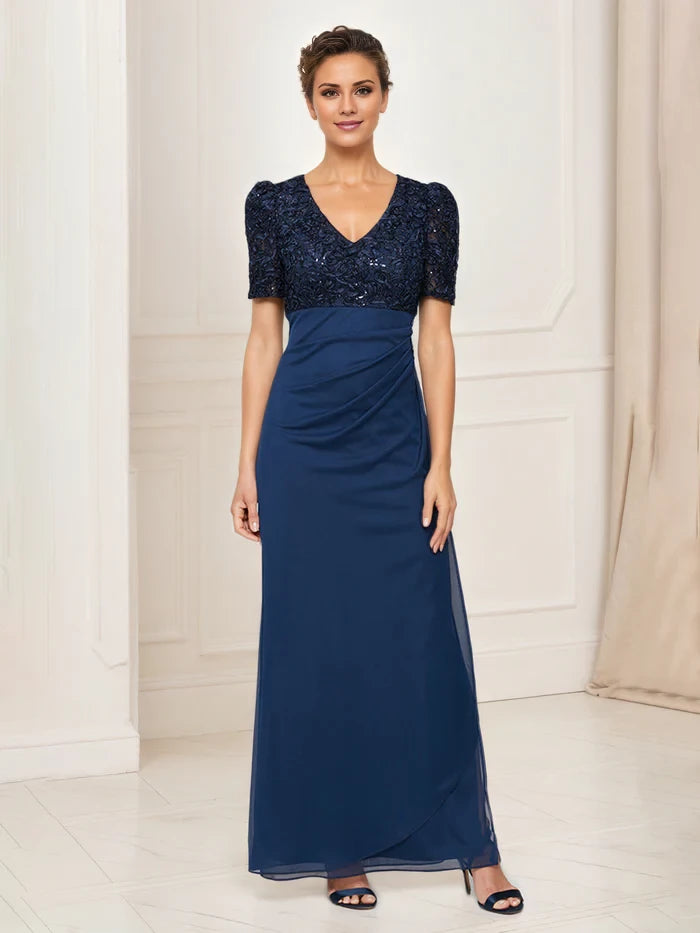 Dark Navy Mother Of Bride Dress V-Neck Short Sleeves Lace Top Empire Waist Mother of the Bride Dresses