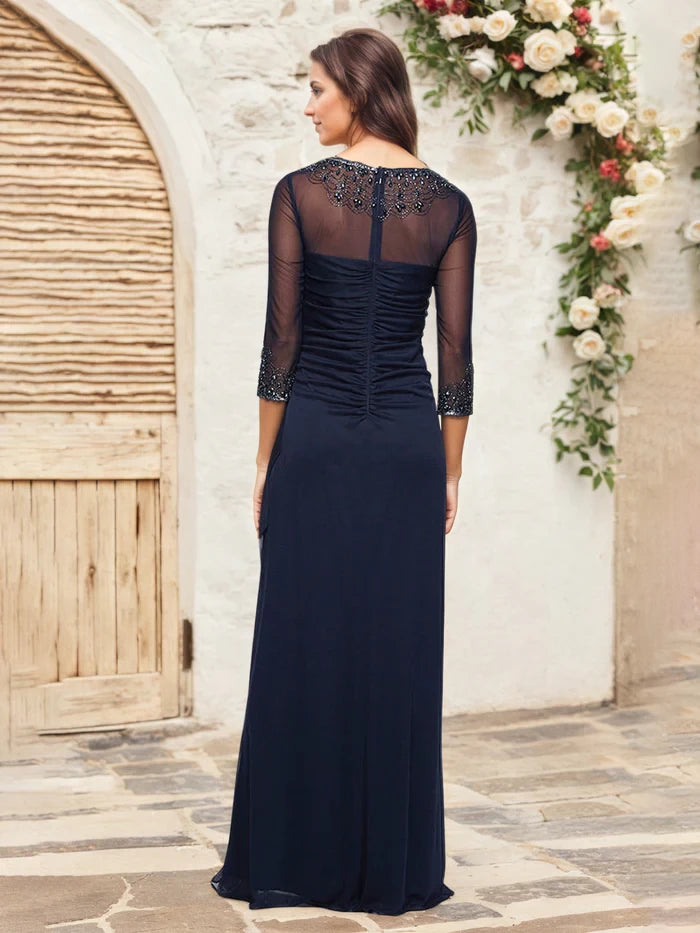 Dark Navy Mother Of The Bride Gown A Line Illusion Sleeves Beaded Mother of the Bride Dresses
