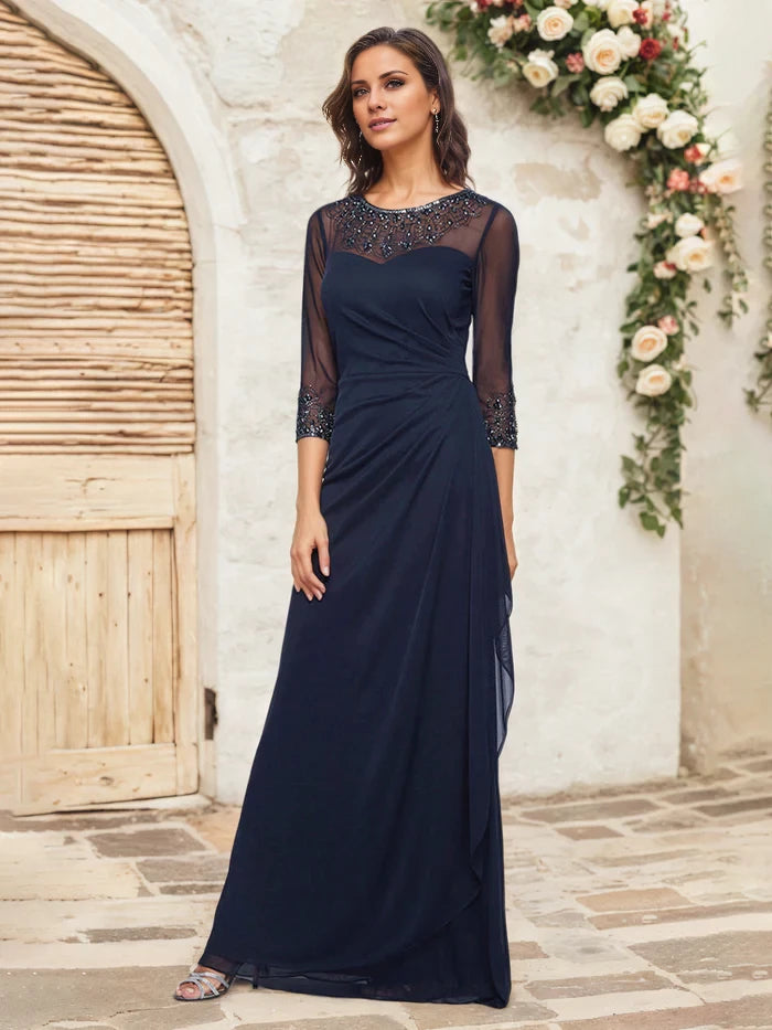 Dark Navy Mother Of The Bride Gown A Line Illusion Sleeves Beaded Mother of the Bride Dresses