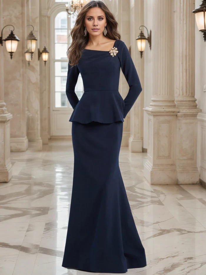 Dark Navy Ruffles Bodice Long Sleeves Mother of the Bride Dresses