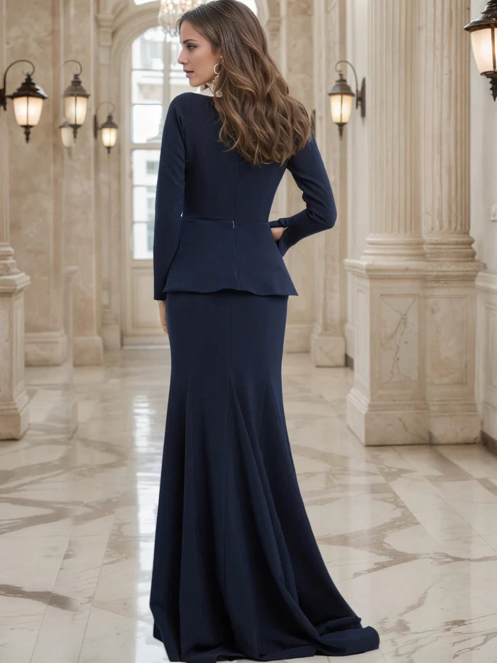 Dark Navy Ruffles Bodice Long Sleeves Mother of the Bride Dresses