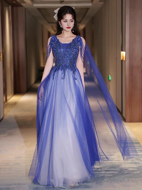 Dazzling A-Line Square-Neck Tulle Sequin-Embroidery Tassel-Cape Back-Zip Floor-Length Evening Dresses