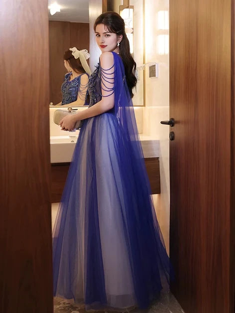 Dazzling A-Line Square-Neck Tulle Sequin-Embroidery Tassel-Cape Back-Zip Floor-Length Evening Dresses