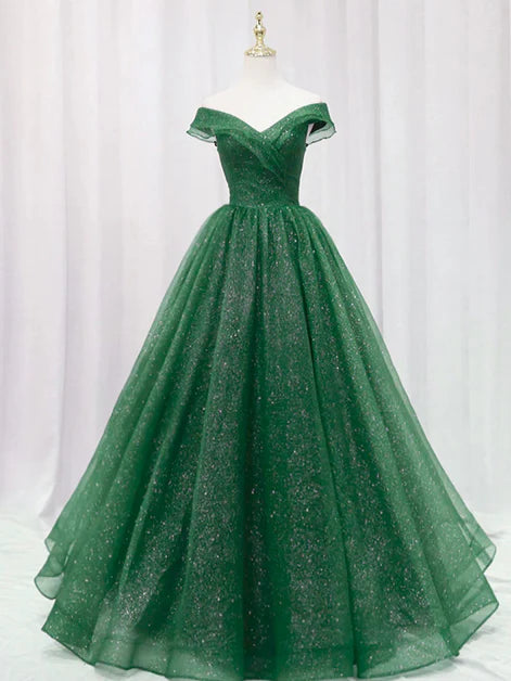 Dazzling Ballgown Off-Shoulder Glitter-Tulle Cross-Front Lace-Up Back Floor-Length Evening Dresses