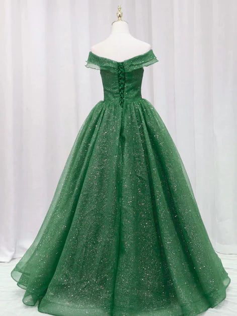 Dazzling Ballgown Off-Shoulder Glitter-Tulle Cross-Front Lace-Up Back Floor-Length Evening Dresses