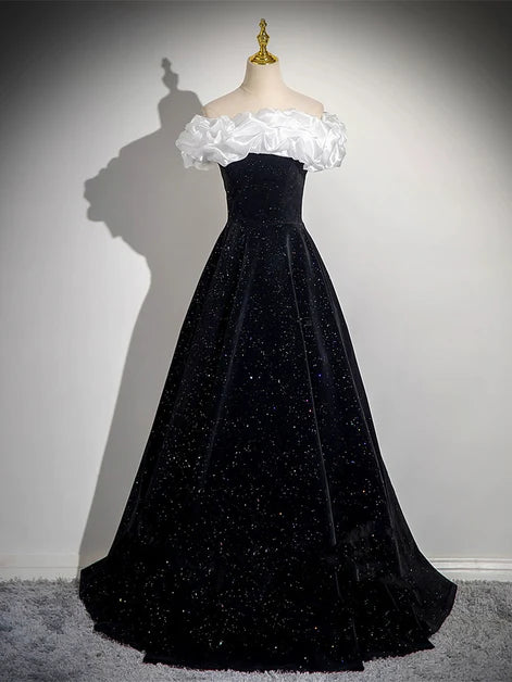 Dazzling Ballgown Off-Shoulder Glitter-Velvet Contrast Ruffled Lace-Up Back Floor-Length Evening Dresses