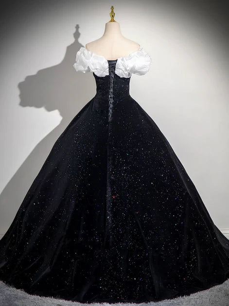 Dazzling Ballgown Off-Shoulder Glitter-Velvet Contrast Ruffled Lace-Up Back Floor-Length Evening Dresses