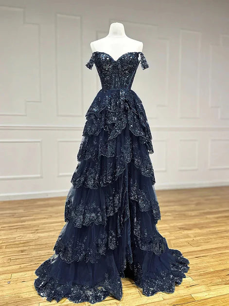Dazzling Ballgown Off-Shoulder Tulle Sequin-Lace Ruffled Back-Zip Train Length Evening Dresses