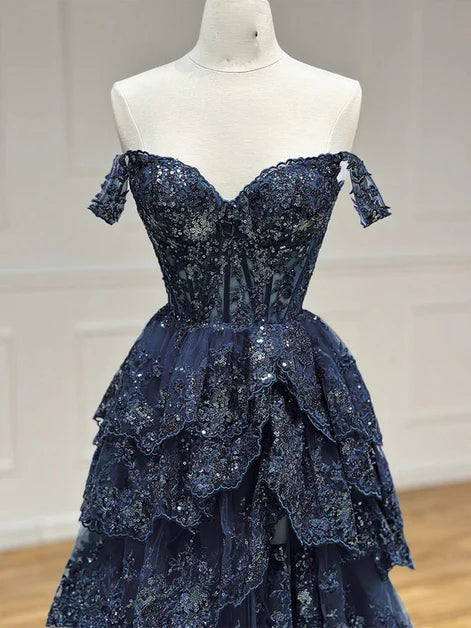 Dazzling Ballgown Off-Shoulder Tulle Sequin-Lace Ruffled Back-Zip Train Length Evening Dresses