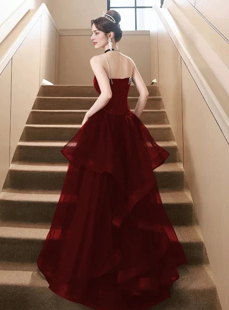 Dazzling Ballgown Spaghetti-Strap Sequin-Tulle Ruffled Lace-Up Back High-Low Evening Dresses