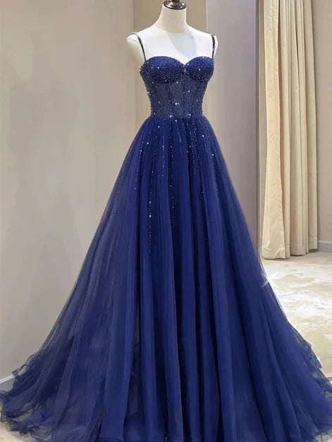 Dazzling Ballgown Spaghetti-Strap Tulle Sequin-Accent Back-Zip Train Length Evening Dresses