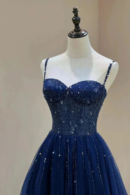 Dazzling Ballgown Spaghetti-Strap Tulle Sequin-Accent Back-Zip Train Length Evening Dresses