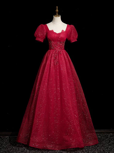 Dazzling Ballgown Square-Neck Glitter-Tulle Puff-Sleeve Lace-Up Back Floor-Length Evening Dresses