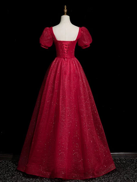 Dazzling Ballgown Square-Neck Glitter-Tulle Puff-Sleeve Lace-Up Back Floor-Length Evening Dresses