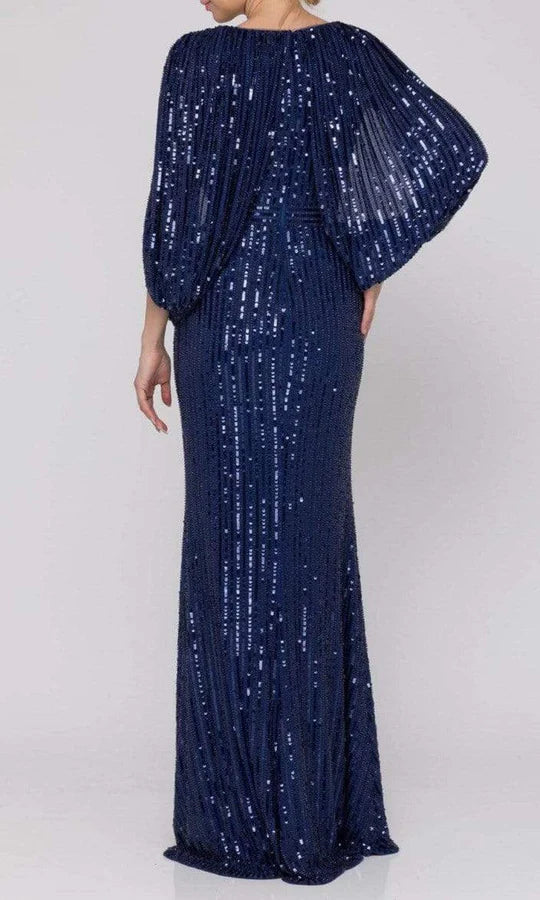 Dazzling Mermaid Deep-V-Neck Batwing-Sleeve Open-Back Navy Sequin Floor-Length Mother of the Bride Dresses