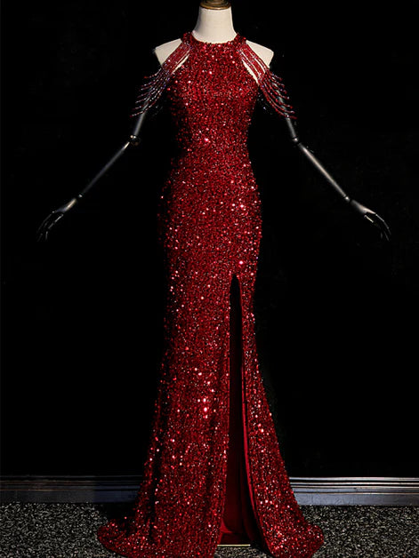 Dazzling Mermaid Halter-Neck Sequin-Embellished Fringe-Sleeve High-Slit Train Length Evening Dresses