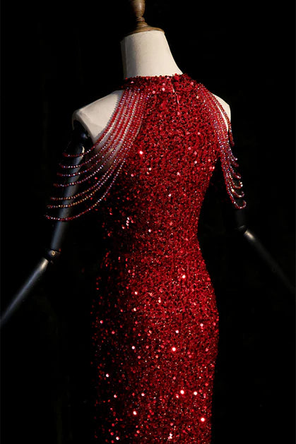 Dazzling Mermaid Halter-Neck Sequin-Embellished Fringe-Sleeve High-Slit Train Length Evening Dresses