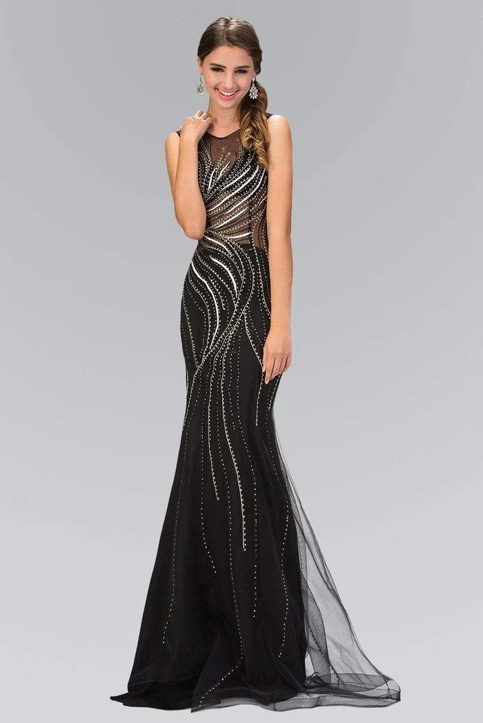 Dazzling Mermaid Illusion-Neck Sleeveless Open-Back Black Beaded-Tulle Floor-Length Mother of the Bride Dresses