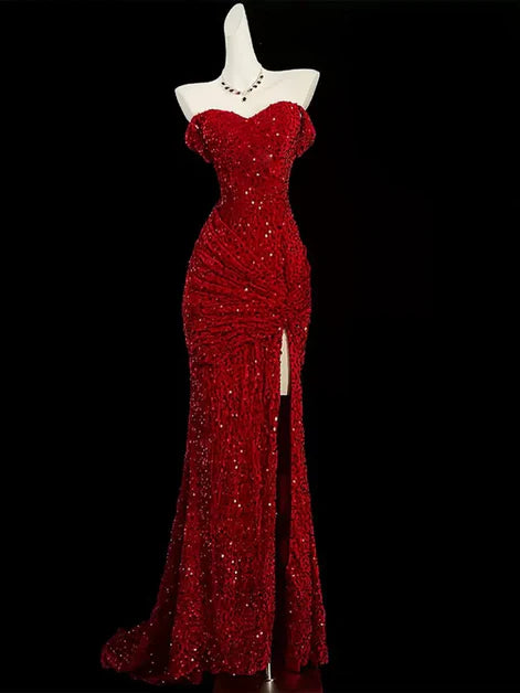 Dazzling Mermaid Off-Shoulder Sequin-Fabric Ruched Lace-Up Back Train Length Evening Dresses