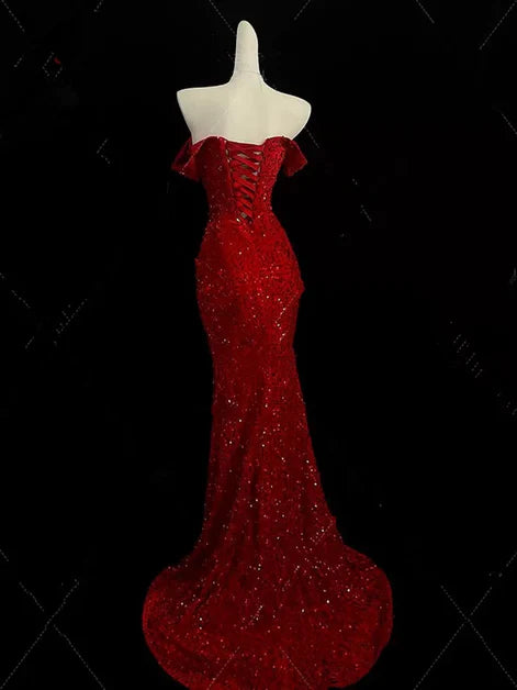 Dazzling Mermaid Off-Shoulder Sequin-Fabric Ruched Lace-Up Back Train Length Evening Dresses