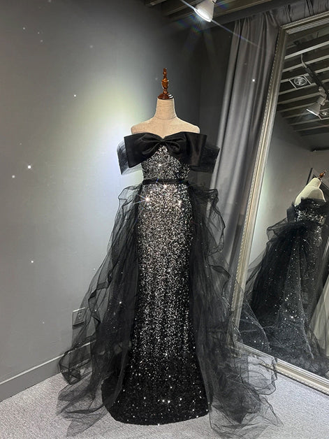 Dazzling Mermaid Off-Shoulder Sequin-Tulle Oversized-Bow Back-Zip Train Length Evening Dresses