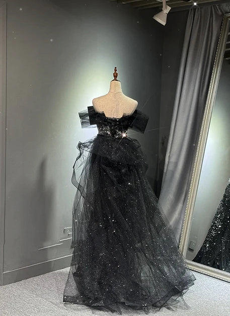 Dazzling Mermaid Off-Shoulder Sequin-Tulle Oversized-Bow Back-Zip Train Length Evening Dresses