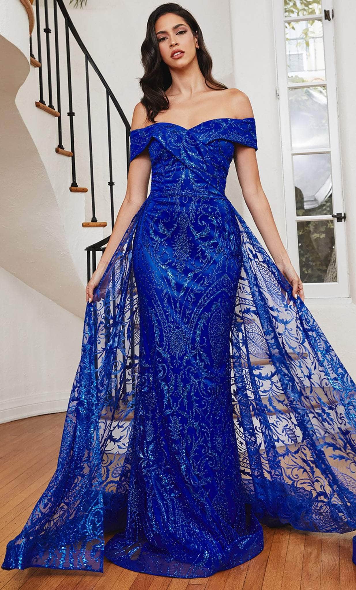 Dazzling Mermaid Off-Shoulder Sleeveless Open-Back Royal Blue Sequin-Lace Floor-Length Mother of the Bride Dresses