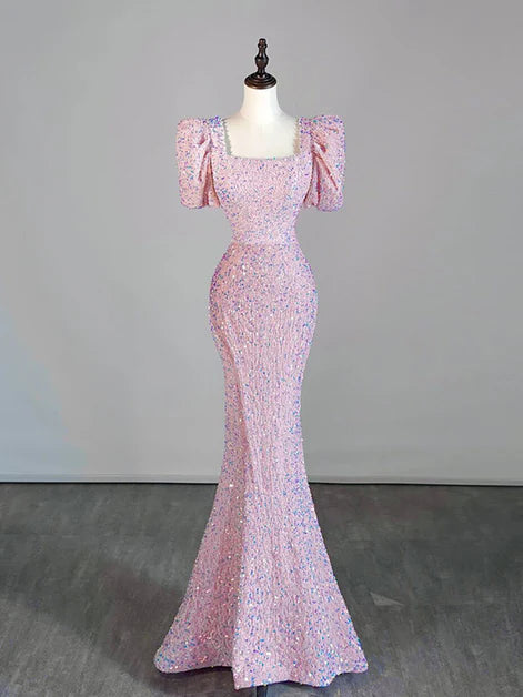 Dazzling Mermaid Square-Neck Puff-Sleeve Sequin-Embroidered Back-Zip Train Length Evening Dresses