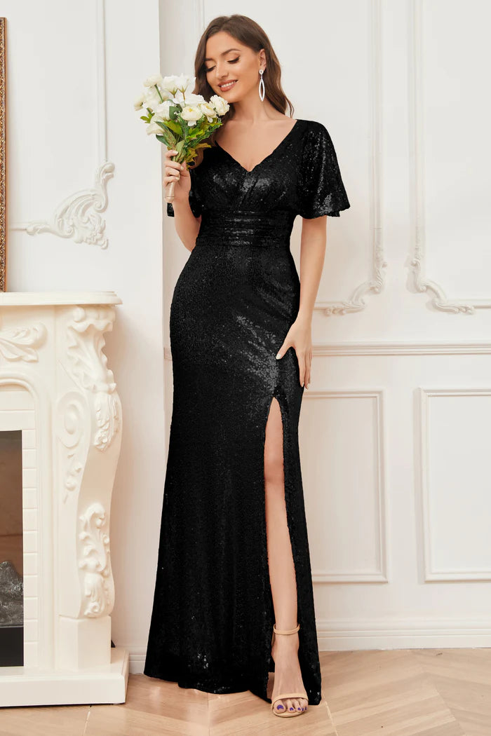Dazzling Mermaid V-Neck Flutter-Sleeve Keyhole-Back Black Sequin Floor-Length Bridesmaid Dresses