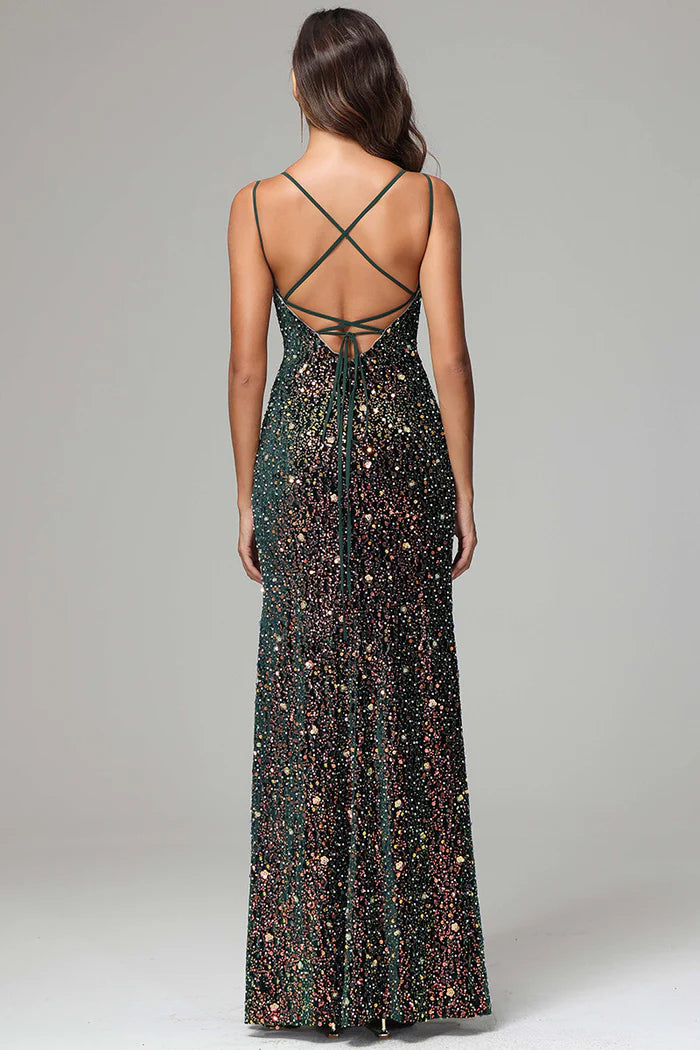Dazzling Sheath Spaghetti-Strap Cross-Back Multi-Sequin Emerald Floor-Length Bridesmaid Dresses