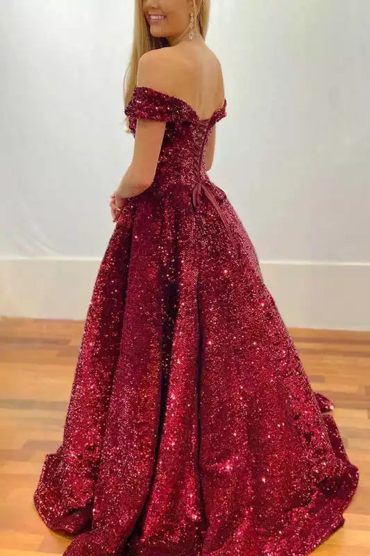 Dazzling Burgundy Sequin Ballgown with Off-the-Shoulder Neckline