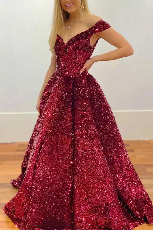 Dazzling Burgundy Sequin Ballgown with Off-the-Shoulder Neckline